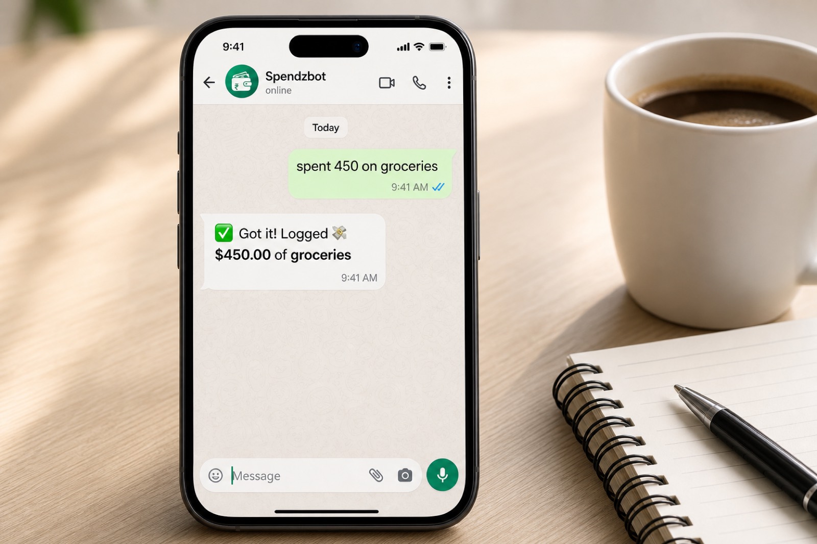 Phone showing Spendzbot WhatsApp chat with official logo profile picture and a success reply