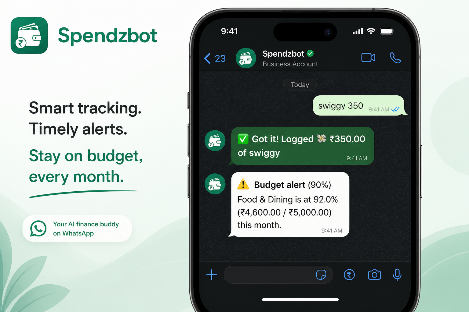 Spendzbot WhatsApp budget alert at 90% threshold for Food and Dining category