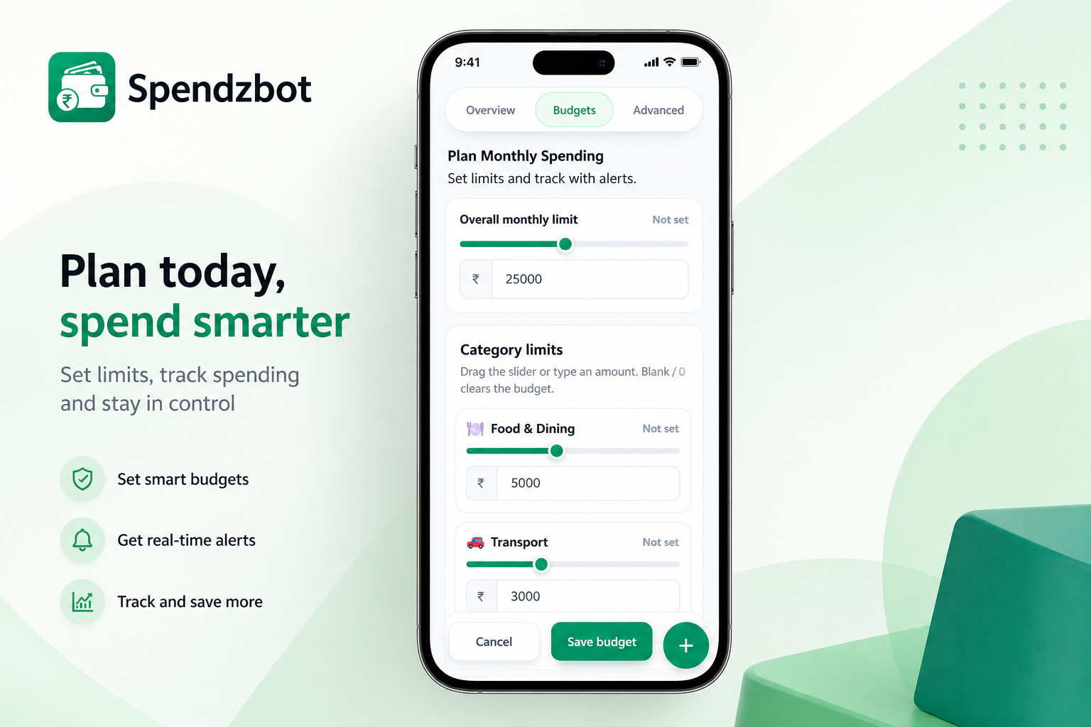 Spendzbot budget allocation — Plan Monthly Spending with overall and category limits in emerald green premium UI