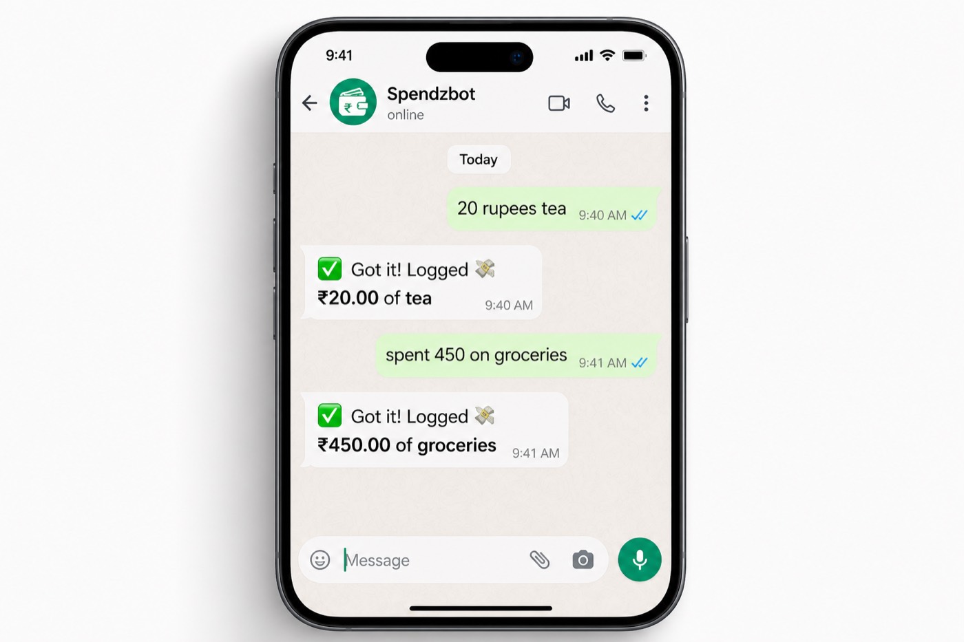 WhatsApp chat with Spendzbot official logo DP and expense success confirmations