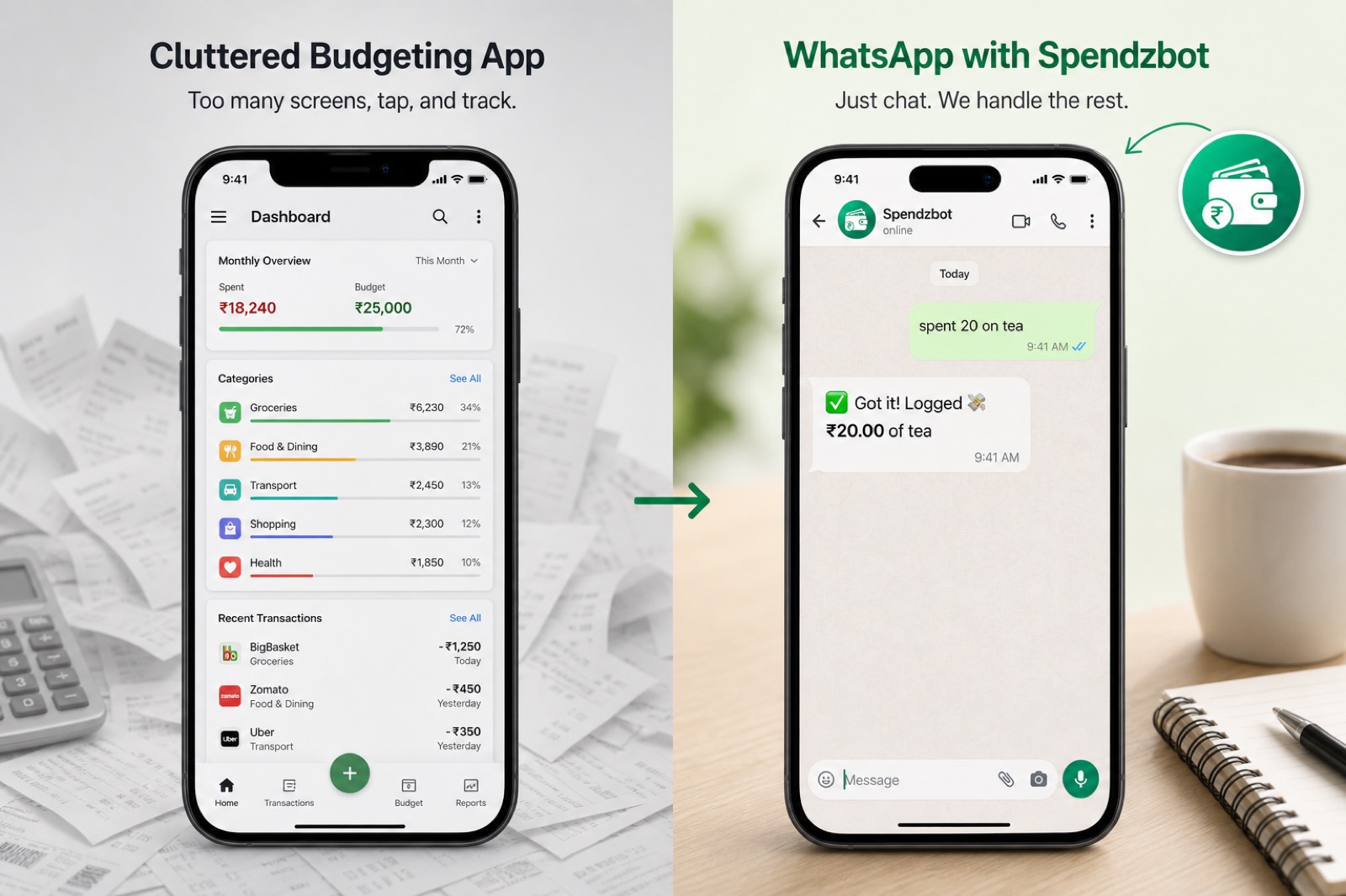 Traditional budgeting apps vs tracking expenses on WhatsApp with success confirmation